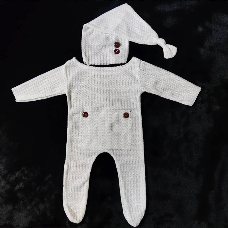 Newborn Photography Jumpsuit Buttons Hat Back Pocket Baby Boy Girl Photo Shooting Clothes Infant Bodysuit