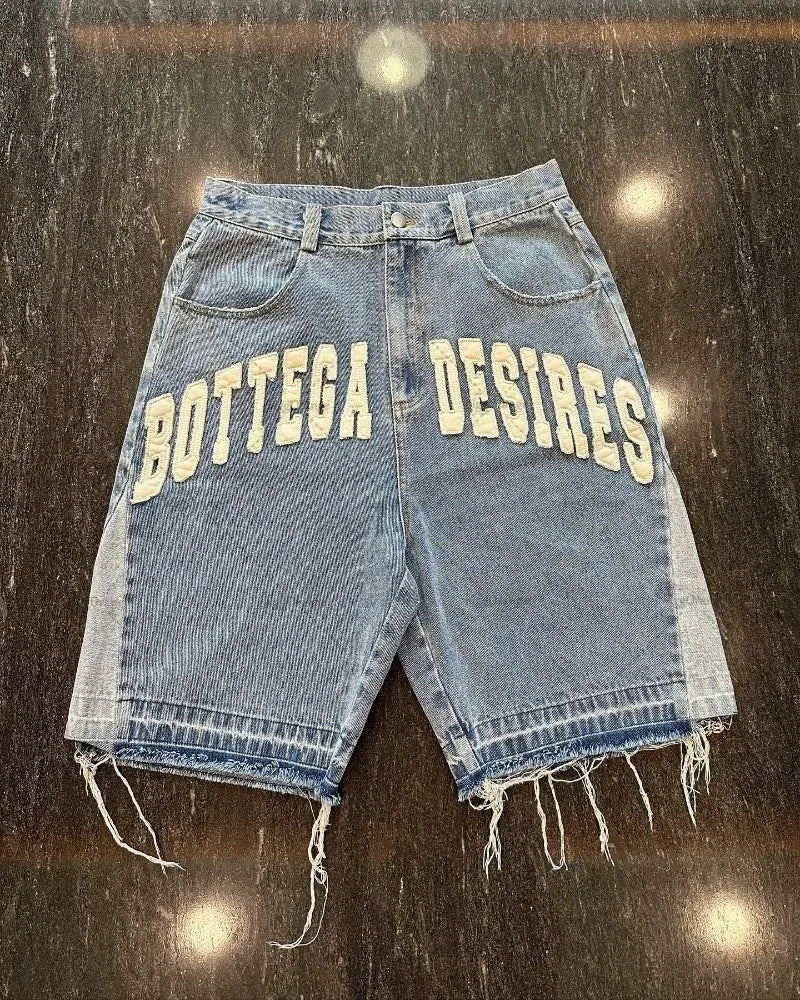 American Street  Retro Denim Shorts with Letter Embroidery Oversized Jeans Men  Loose Casual Versatile Shorts
