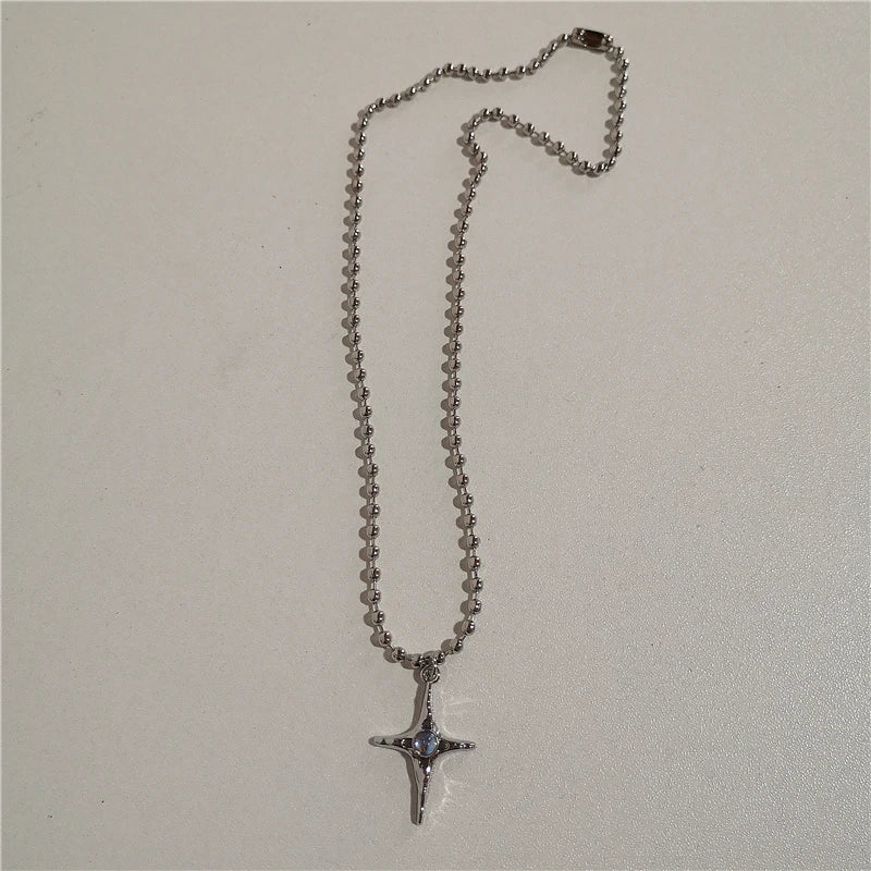 Kpop Vintage Punk Silver Color Star Pendant Bead Necklace for Men Women Street Hip Hop Aesthetic Grunge Jewelry Y2K Accessories