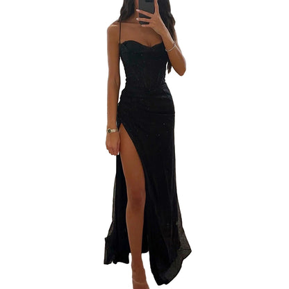 Off-shoulder Gown Dress Elegant Sequin V-neck Maxi Dress for Evening Party Prom Off Shoulder Slim Sexy Split Long Dress