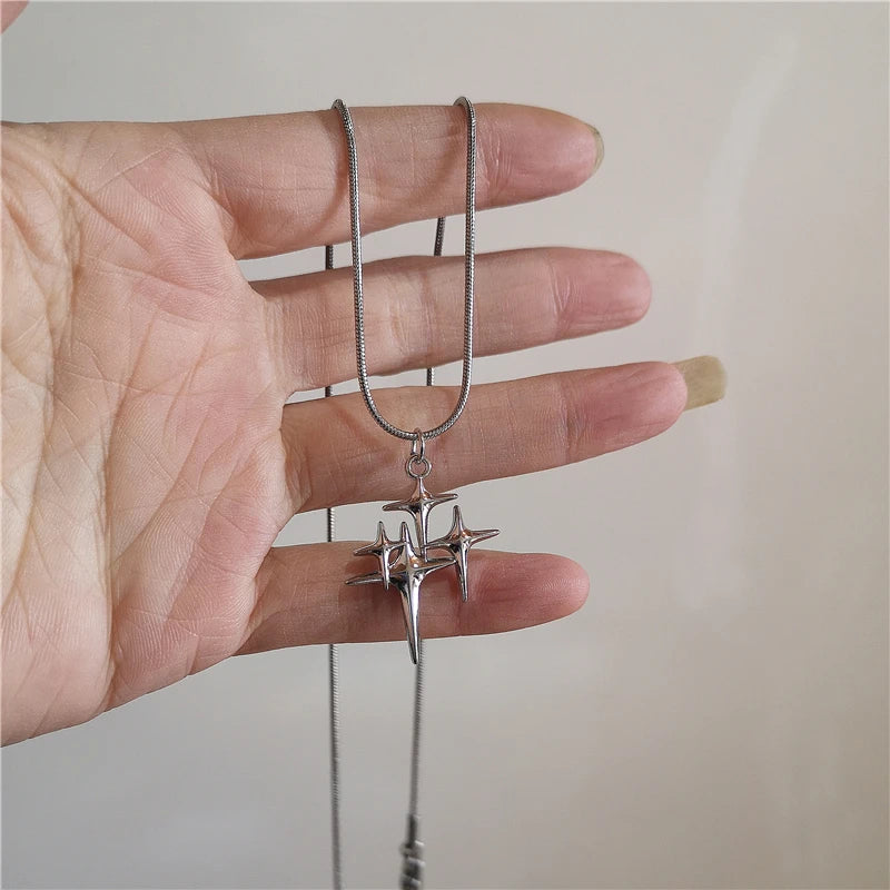 Kpop Vintage Punk Silver Color Star Pendant Bead Necklace for Men Women Street Hip Hop Aesthetic Grunge Jewelry Y2K Accessories