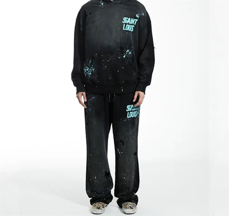 High Street Men Women Hip Hop Best Pants Vintage SAINT LOUIS Drawstring Destruction Splattered Ink Letters Print Sweatpants