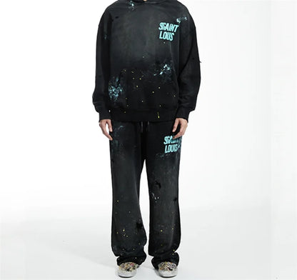 High Street Men Women Hip Hop Best Pants Vintage SAINT LOUIS Drawstring Destruction Splattered Ink Letters Print Sweatpants