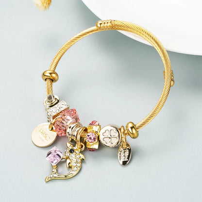 Stainless Steel Mixed Beads Butterfly Adjustable Bracelet with Crystals Letter Tag for Women DIY Jewelry