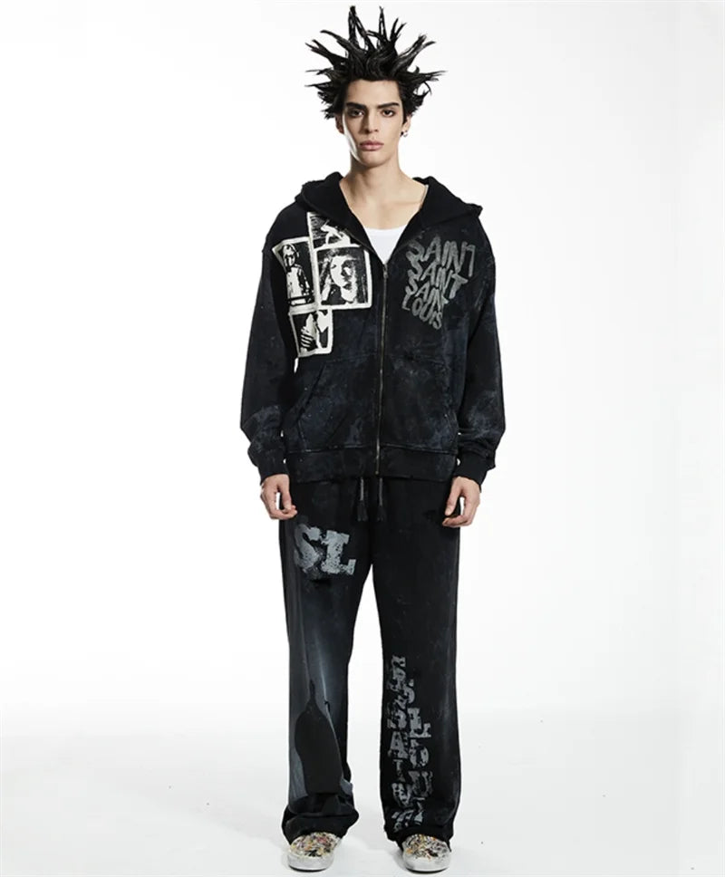 High Street Men Women Hip Hop Best Pants Vintage SAINT LOUIS Drawstring Destruction Splattered Ink Letters Print Sweatpants