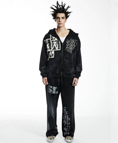 High Street Men Women Hip Hop Best Pants Vintage SAINT LOUIS Drawstring Destruction Splattered Ink Letters Print Sweatpants