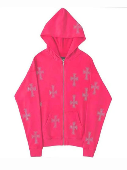 European and American loose top cross hot diamond hoodie women's high street  retro hip hop zipper Y2K hooded sweatshirt
