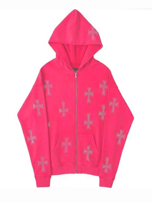 European and American loose top cross hot diamond hoodie women's high street  retro hip hop zipper Y2K hooded sweatshirt
