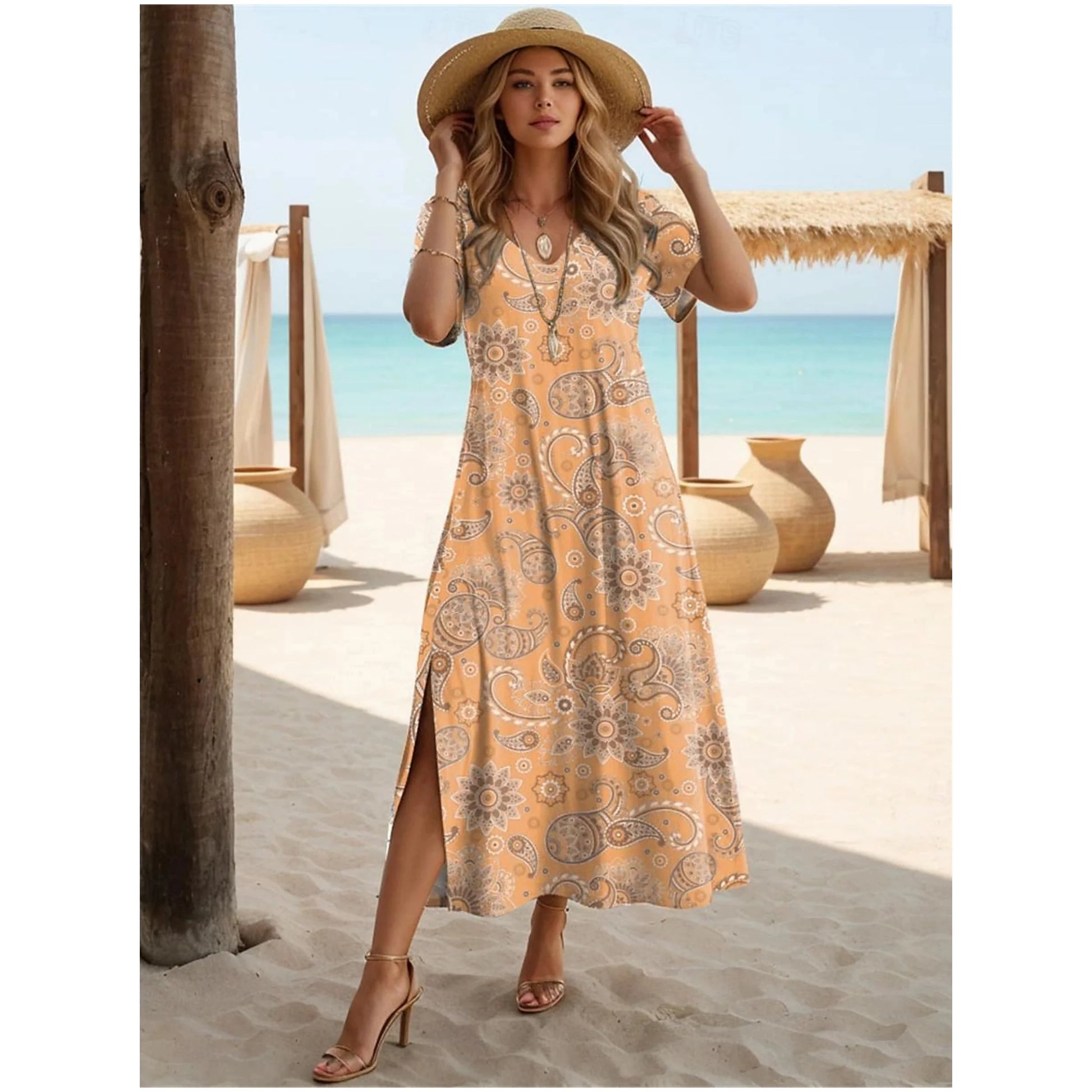 Women's Paisley Dress Casual Split V-Neck Long Dress Maxi Dress Ethnic Tribal Holiday Dresses Summer Short Sleeve Woman Clothing