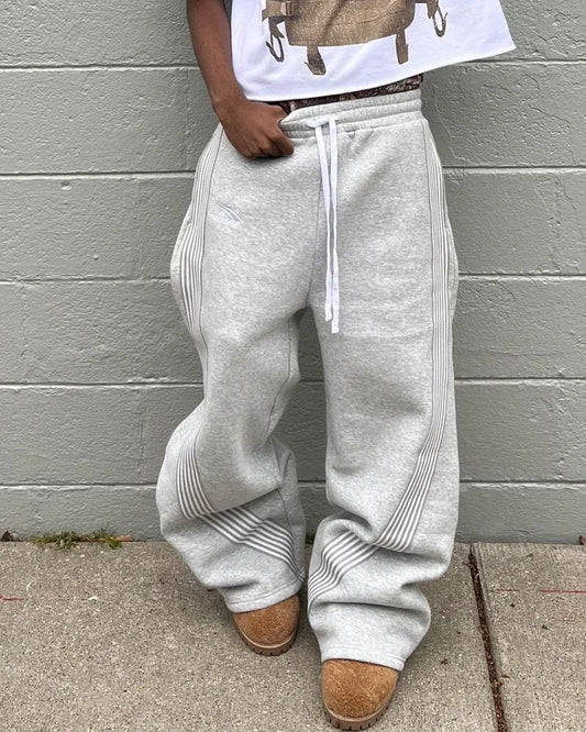 Hip Hop Letter Striped Embroidery Drawstring Sweatpants Y2K Pants Mens Womens Retro Gray Baggy Sweatpants Trousers
