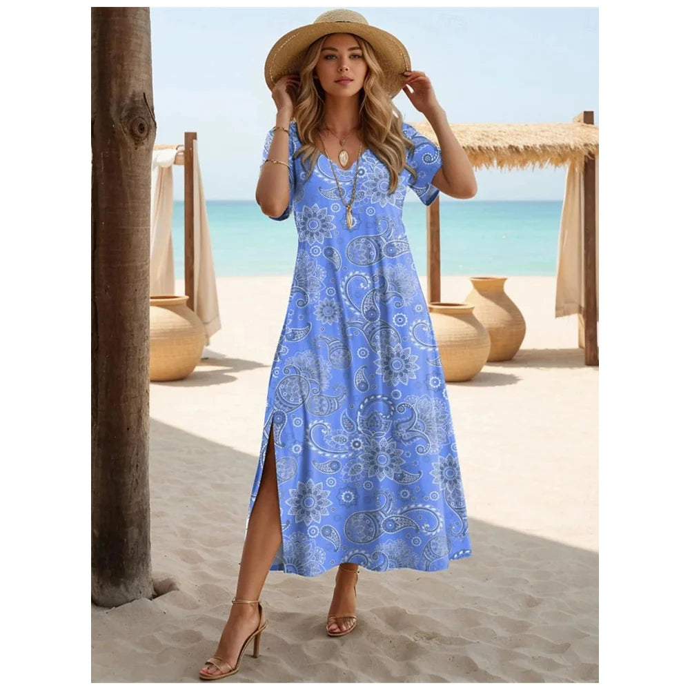 Women's Paisley Dress Casual Split V-Neck Long Dress Maxi Dress Ethnic Tribal Holiday Dresses Summer Short Sleeve Woman Clothing