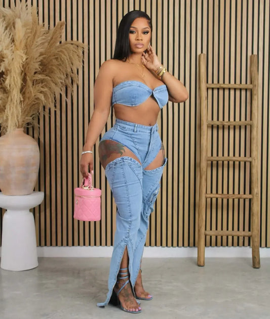 Hollow Out Jeans Pants Outfit Set Sexy Women Elegant Two Pieces Denim Club Matching Set Top+Trousers