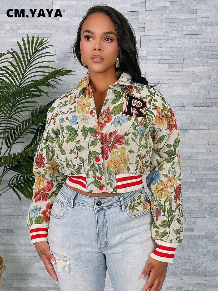 CM.YAYA Women Fashion Knitted jacquard Floral Long Sleeve Jackets 2024 Autumn Winter Streetwear Coats Jacket Outwear Outcoat