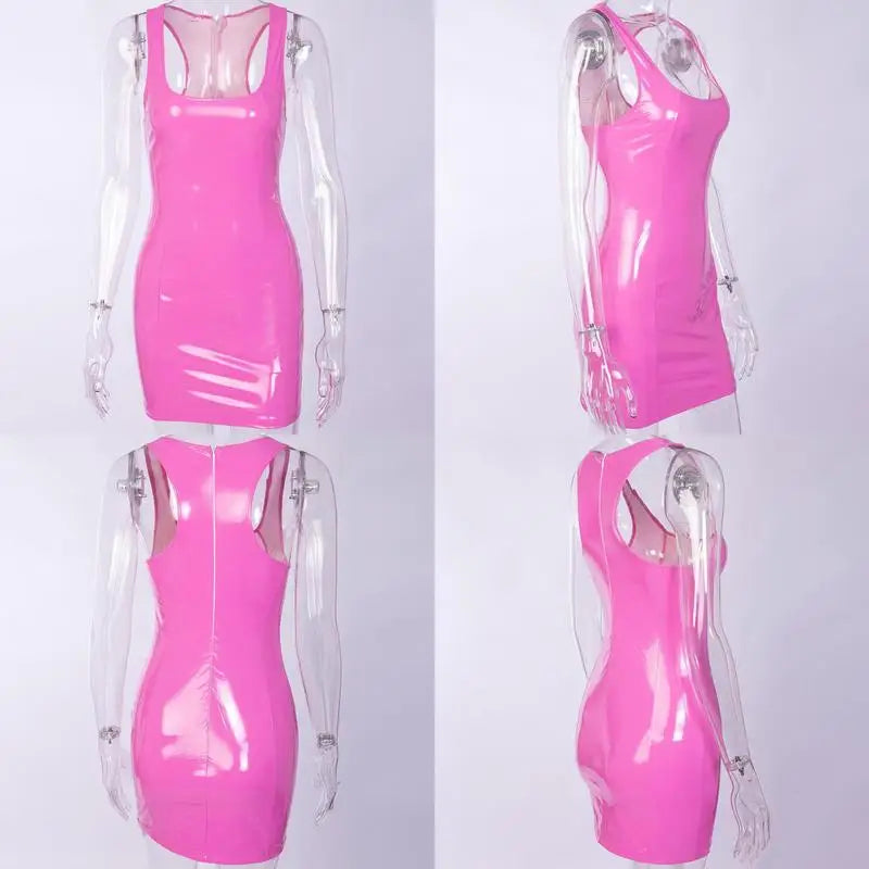 Pink Sleeveless Slim Dress Skinny Sexy Women Fashion Bodycon Leather Sundress Graduation Halloween Party Backless Corset Dress