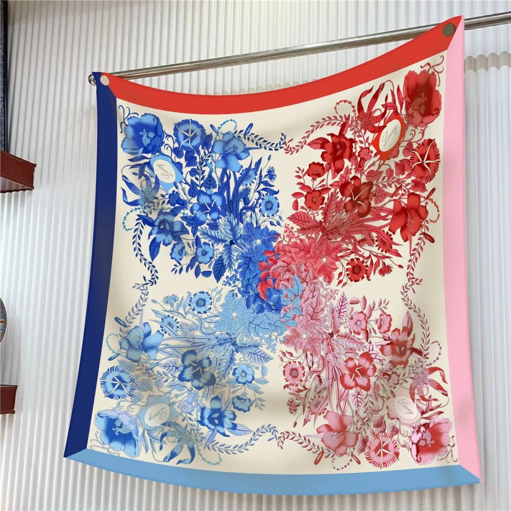 Silk Scarf Women Floral Printed Square Scarves Head Echarpes Silk Foulards Femme Wraps Beach Shawls Bandana Lady Hijabs 90CM