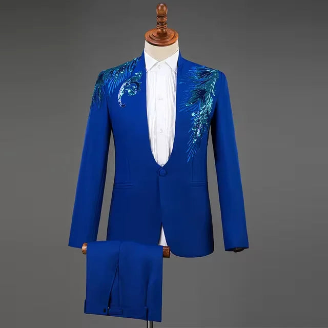 Autumn Slim Printed Wedding Men Suit Jacket Set For Marriage High Quality Stage Performance Host Formal Black Men Blazer
