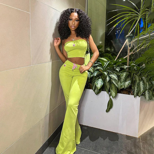 summer new solid color sleeveless strapless embroidered slim fit micro flared long women's suit