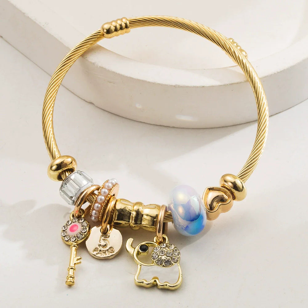 Stainless Steel Mixed Beads Butterfly Adjustable Bracelet with Crystals Letter Tag for Women DIY Jewelry