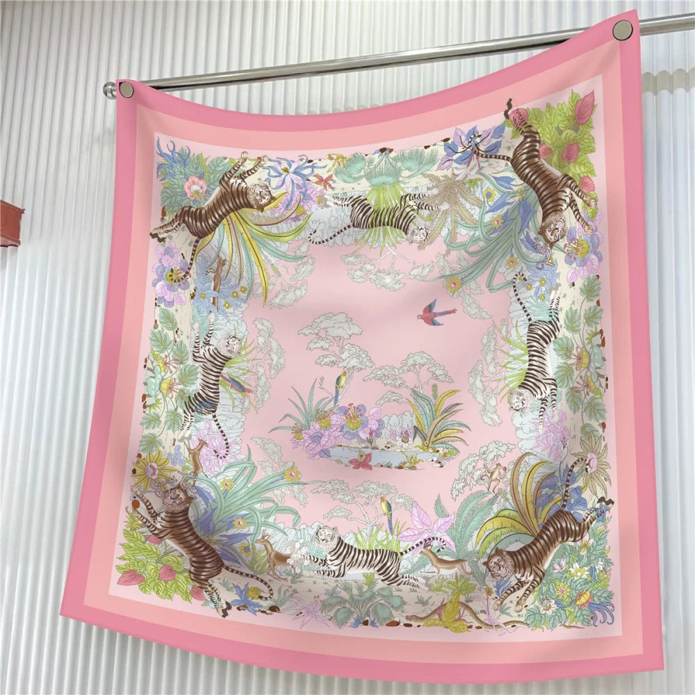 Silk Scarf Women Floral Printed Square Scarves Head Echarpes Silk Foulards Femme Wraps Beach Shawls Bandana Lady Hijabs 90CM