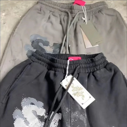High Street Men Women Hip Hop Best Pants Vintage SAINT LOUIS Drawstring Destruction Splattered Ink Letters Print Sweatpants
