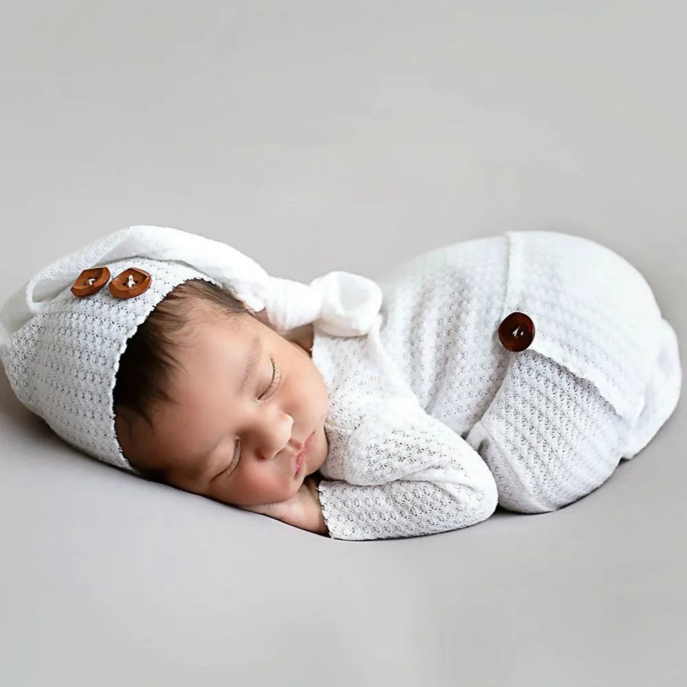 Newborn Photography Jumpsuit Buttons Hat Back Pocket Baby Boy Girl Photo Shooting Clothes Infant Bodysuit