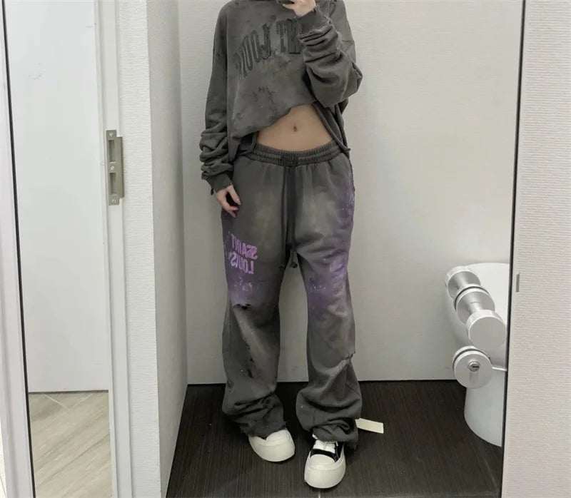 High Street Men Women Hip Hop Best Pants Vintage SAINT LOUIS Drawstring Destruction Splattered Ink Letters Print Sweatpants