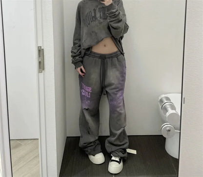 High Street Men Women Hip Hop Best Pants Vintage SAINT LOUIS Drawstring Destruction Splattered Ink Letters Print Sweatpants