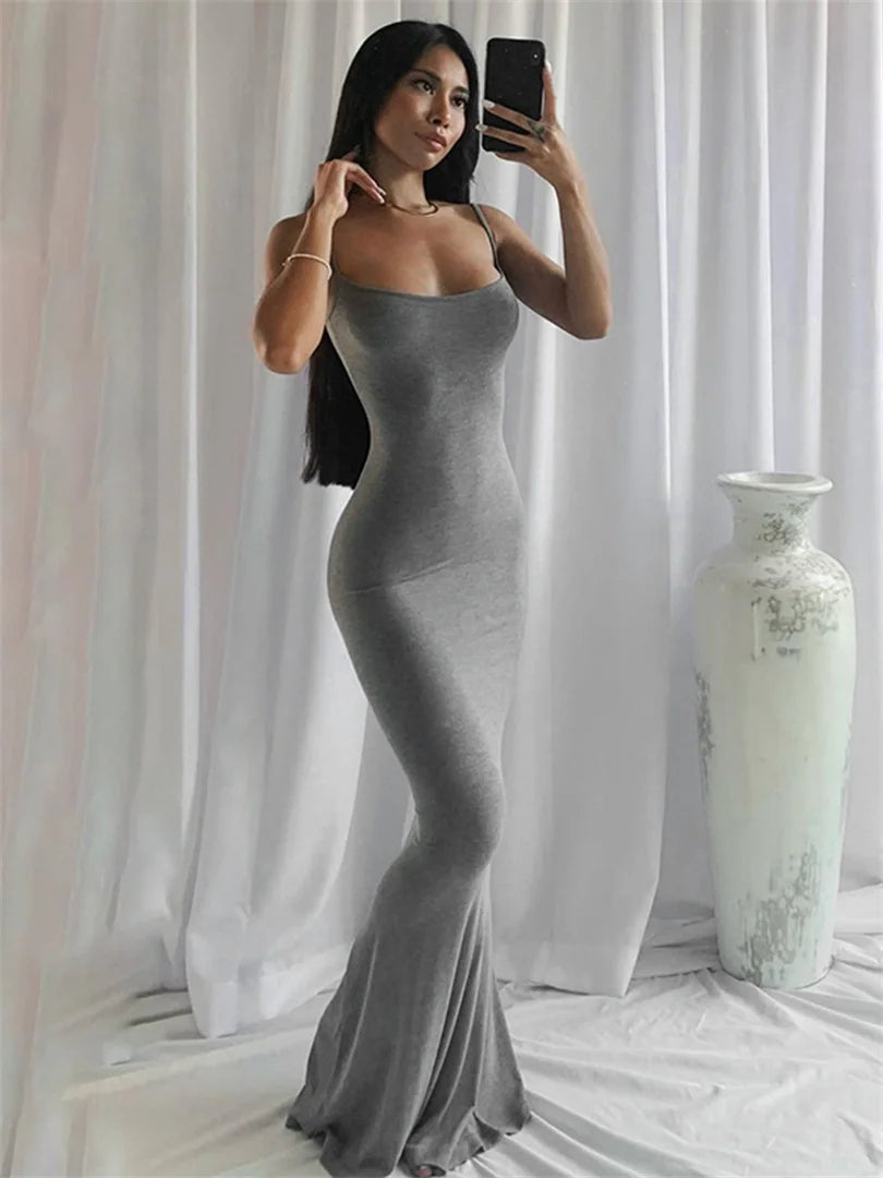 wsevypo Spaghetti Strap Bodycon Long Dress Summer 2022 Women Sleeveless Wrapped Fish Tail Dress Solid Color Club Streetwear