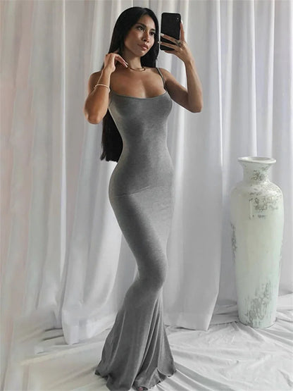 wsevypo Spaghetti Strap Bodycon Long Dress Summer 2022 Women Sleeveless Wrapped Fish Tail Dress Solid Color Club Streetwear