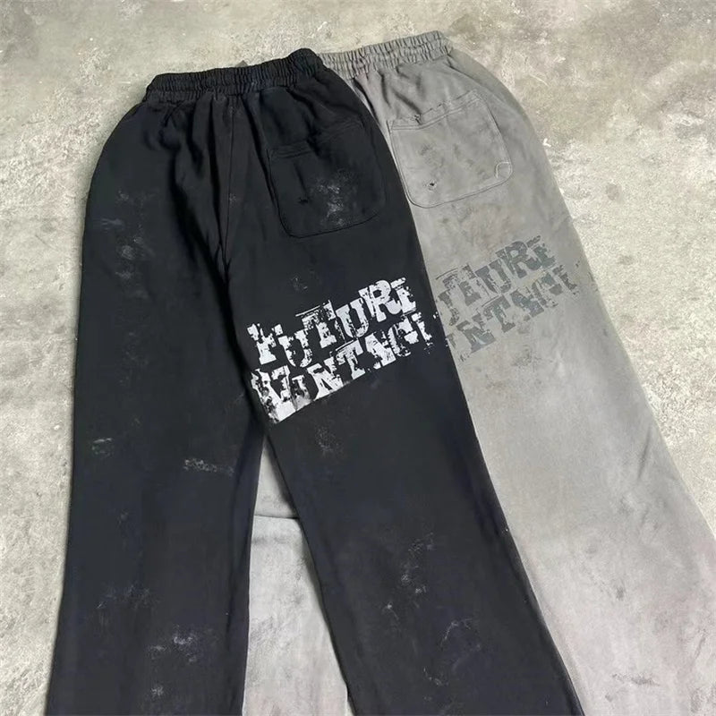 High Street Men Women Hip Hop Best Pants Vintage SAINT LOUIS Drawstring Destruction Splattered Ink Letters Print Sweatpants