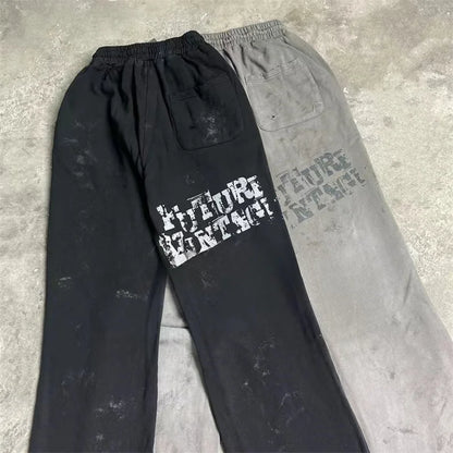 High Street Men Women Hip Hop Best Pants Vintage SAINT LOUIS Drawstring Destruction Splattered Ink Letters Print Sweatpants