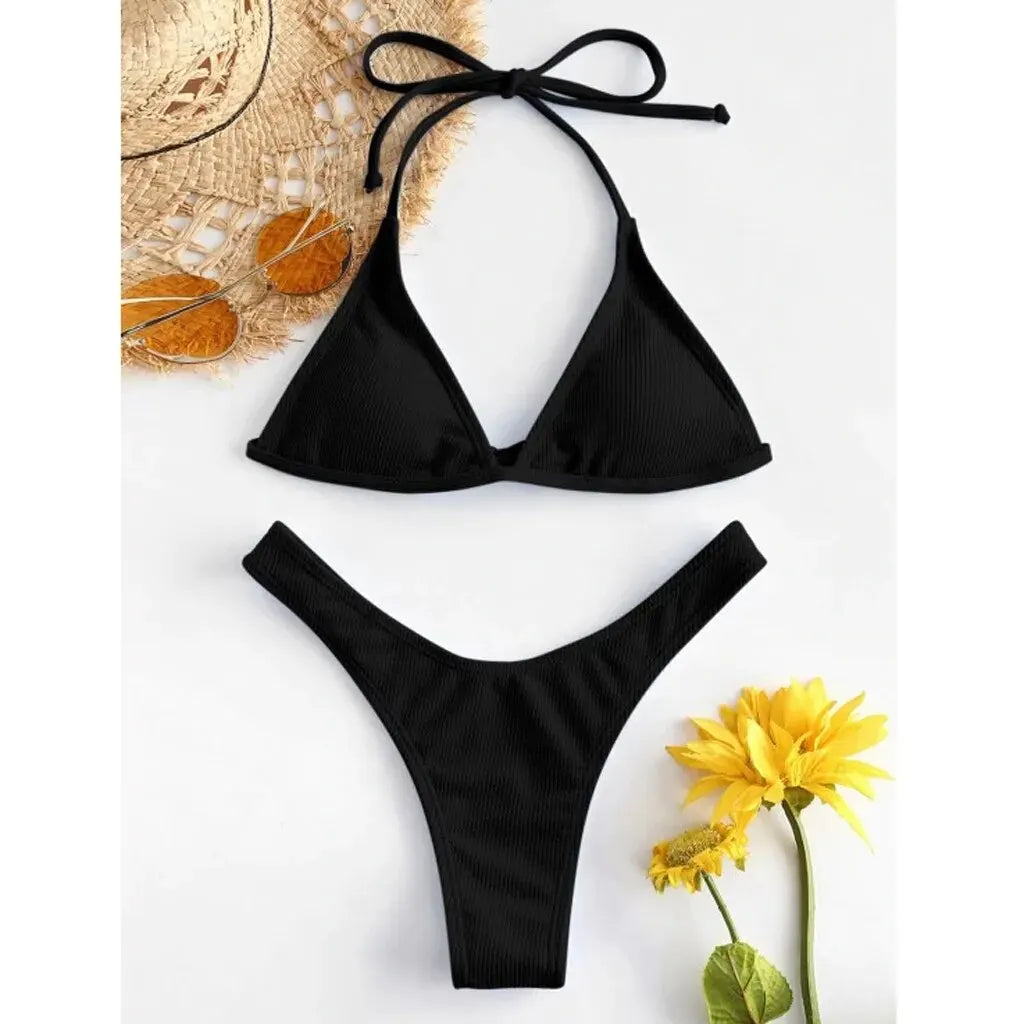 Women Sexy Solid Push Up High Cut Halter Bikini Set Two Piece Swimsuit