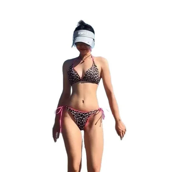 Sexy Leopard Print Bikini Swimsuit Women's Three-Point Rope Backless Gourd Island Swimwear Pure Tight Separate Swimsuit