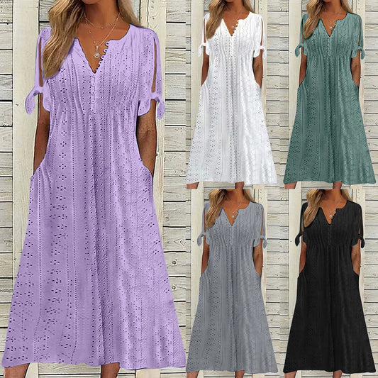 Dresses for Elegant Ladies White Party Dresses Hollow Out Bow Short Sleeve Lace Waist Pocket Wedding Mother Dress Vestidos Mujer