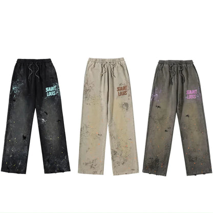 High Street Men Women Hip Hop Best Pants Vintage SAINT LOUIS Drawstring Destruction Splattered Ink Letters Print Sweatpants