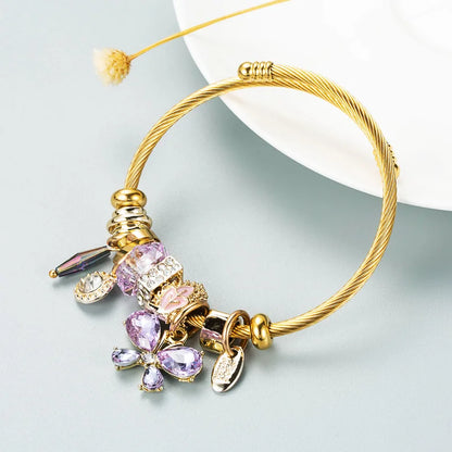 Stainless Steel Mixed Beads Butterfly Adjustable Bracelet with Crystals Letter Tag for Women DIY Jewelry