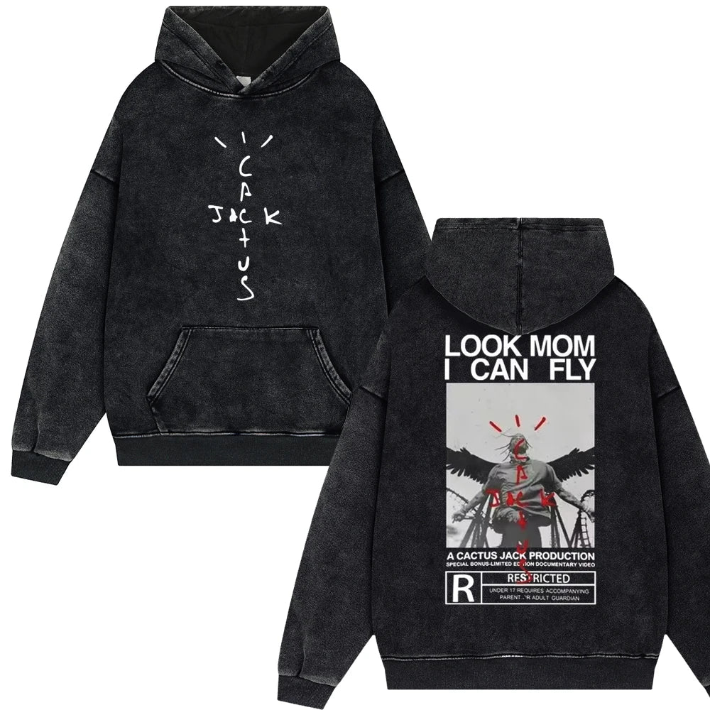 2024 Streetwear Travis Look Mom I Can Fly Vintage Washed Hoodies Men Scott Unisex Hip Hop Pullover Male Oversized Tops