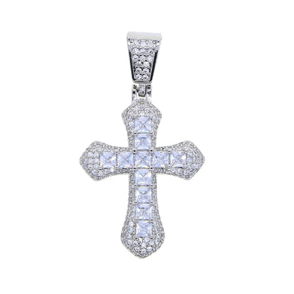 New Iced Out Bling Cross Pendant Necklace Silver Color Rectangle CZ Cubic Zirconia Blue Pink Charm Hip Hop Men Jewelry