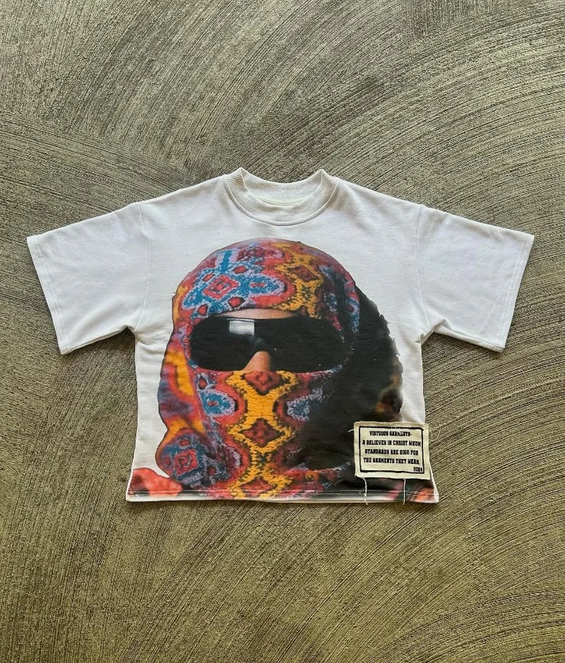 American hip hop retro  oversized portrait print short sleeve T-shirt Men Y2k Streetwear  High Street trend shirt