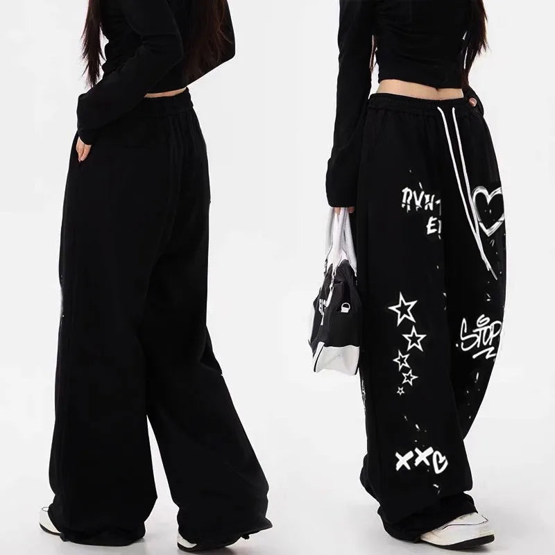 American retro graffiti summer casual solid color straight leg pants for men and women High street jazz hip hop wide leg sports