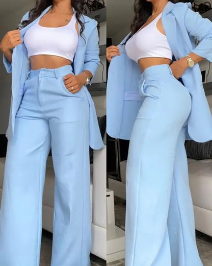 Two Pieces Set for Women Autumn 2024 New Fashion Casual Solid Daily Commuter Notched Collar Blazer Coat&pocket Design Pants Set