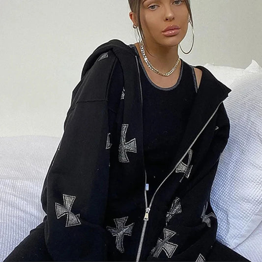 European and American loose top cross hot diamond hoodie women's high street  retro hip hop zipper Y2K hooded sweatshirt