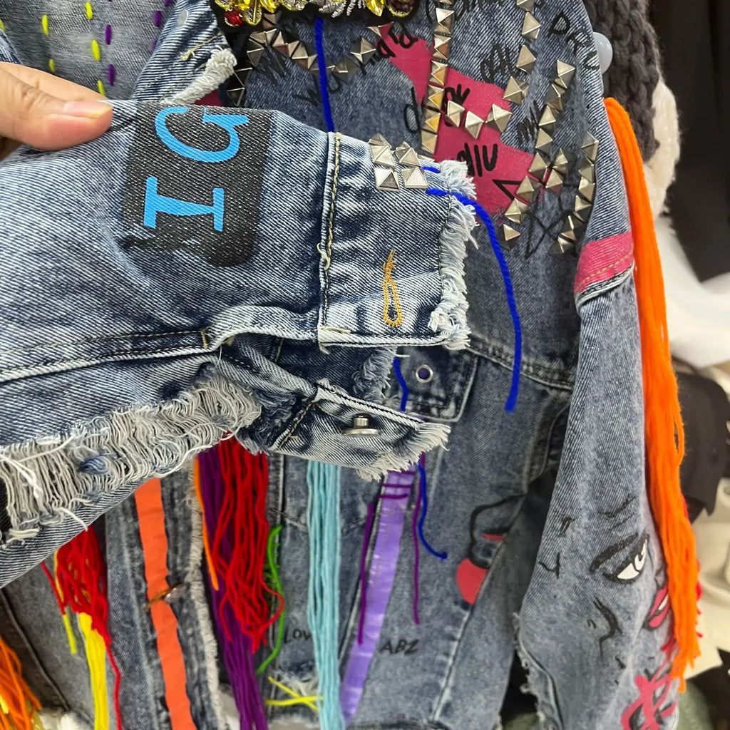 Bluedenim Women's Cropped Petite Autumn Re-worked Embroidered Studs Trendy University Style Versatile Jacket Top