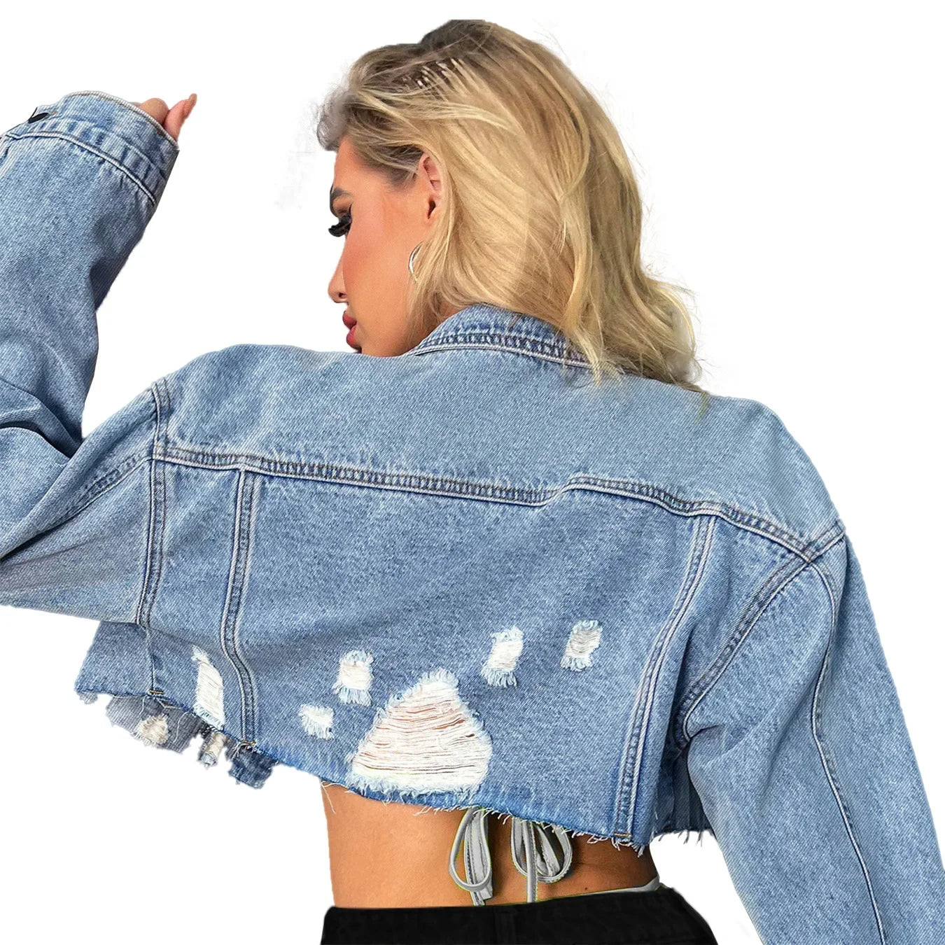 Distressed Denim Jacket Ripped Hole Single Breasted Cardigan Coats Long Sleeve Turn Down Collar Jacket Slim Fit High Street