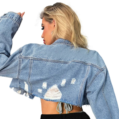 Distressed Denim Jacket Ripped Hole Single Breasted Cardigan Coats Long Sleeve Turn Down Collar Jacket Slim Fit High Street