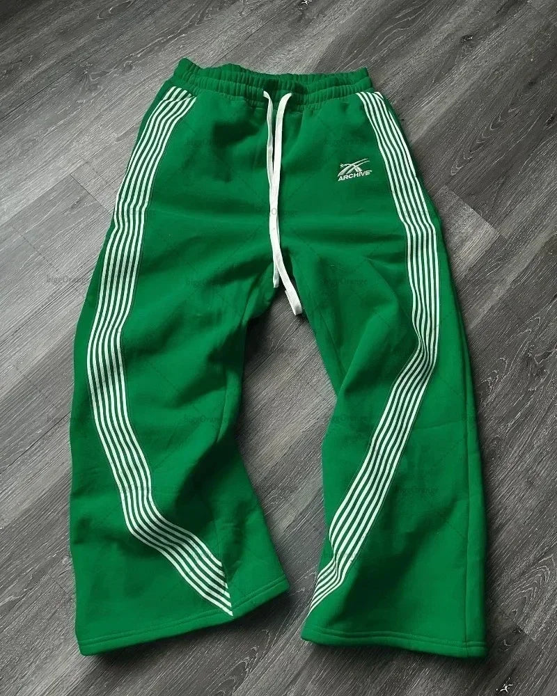 High Street Hip Hop Flared Sweatpants Striped Side Zipper Design Elastic Waist Wide-Leg American Retro Trend pants