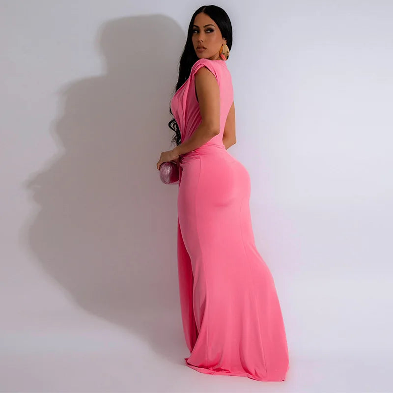 Summer Solid Color High Waisted Long Dress 2024 New Elegant Deep V-neck Sexy Short Sleeved Dress