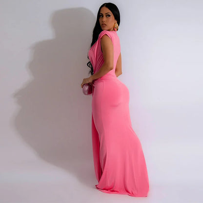 Summer Solid Color High Waisted Long Dress 2024 New Elegant Deep V-neck Sexy Short Sleeved Dress