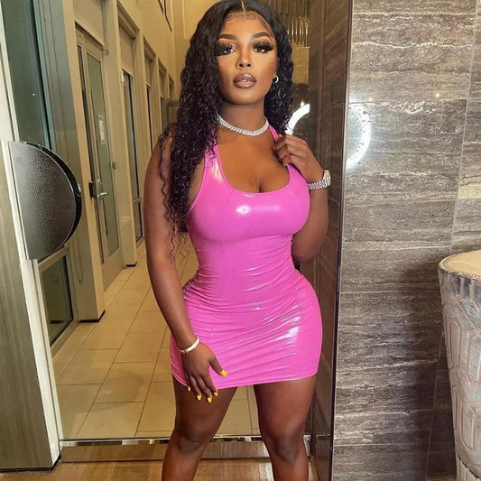 Pink Sleeveless Slim Dress Skinny Sexy Women Fashion Bodycon Leather Sundress Graduation Halloween Party Backless Corset Dress