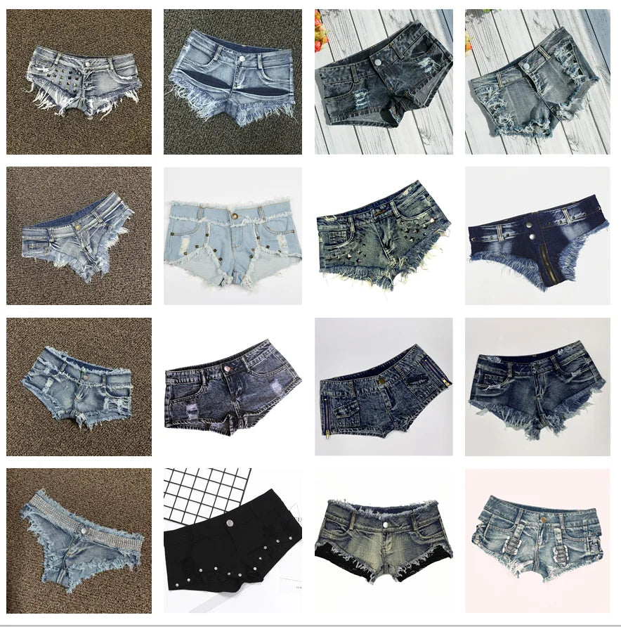 Women's Shorts Sexy Hole Rivet Low Waist Thong Denim Ultra Mini Short Female Bikini Jeans Feminino Nightclub
